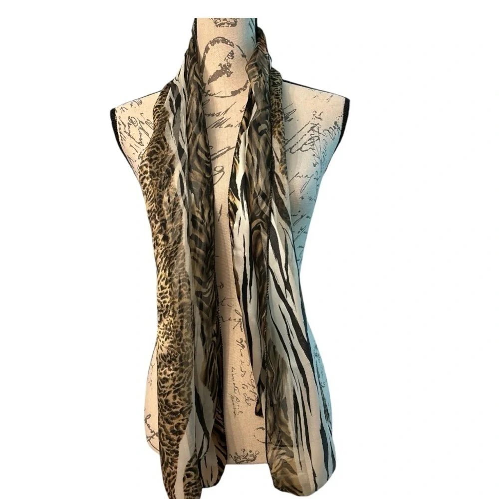 Animal print long scarf,black zebra stripes, brown leopard print.Semi sheer